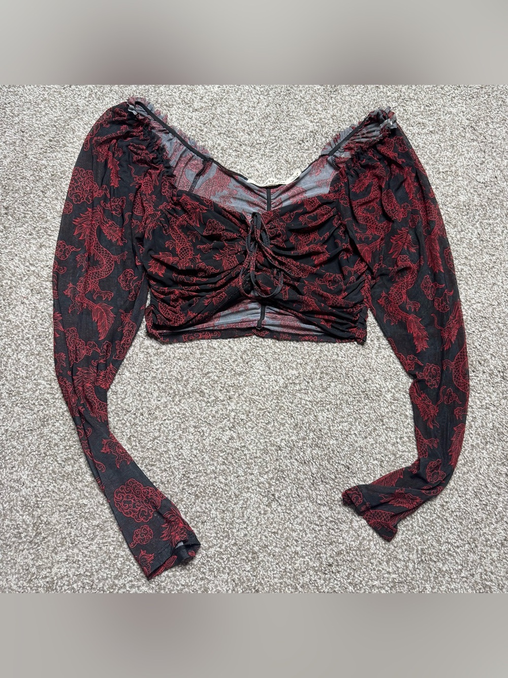 Dragon Print Ruched Long Sleeve Crop Top